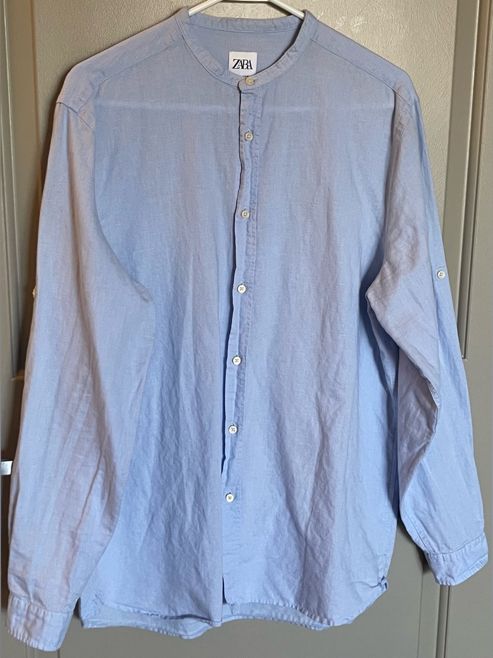 Men’s Zara Relaxed Fit Long Sleeve Button Up Linen Blend Sky Blue Large
